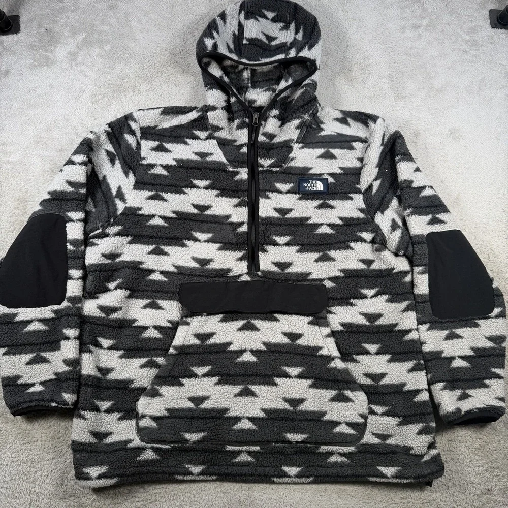 The North Face Hoodie Mens 2XL Black White Sherpa Aztec Fleece 1/2 Zip Pullover